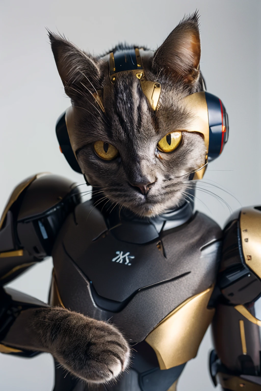 highres, 8k, absurdres, realistic, (Chartreux:1.3), (cat_human:1.5),  animal, (cat:1.3),   kai (rockman x), robot, robot joint, helmet, upper body, close up, simple background, plain background,
<lora:Chartreux_v3-000010:0.55>   ,
 <lora:RM3X-Kai:0.65>