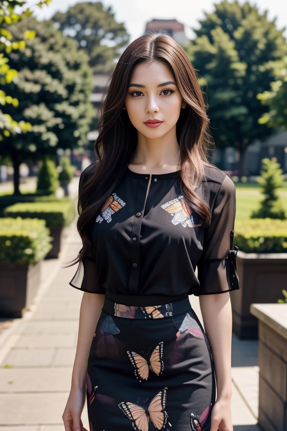 1woman, long hair, realistic, masterpiece, high detailed skin, looking at viewer, outdoor view, solo, full body shot
<lora:Butterfly_Pencil_Skirt_Blouse_By_Stable_Yogi:0.8> black butterfly print blouse, butterfly print pencil skirt