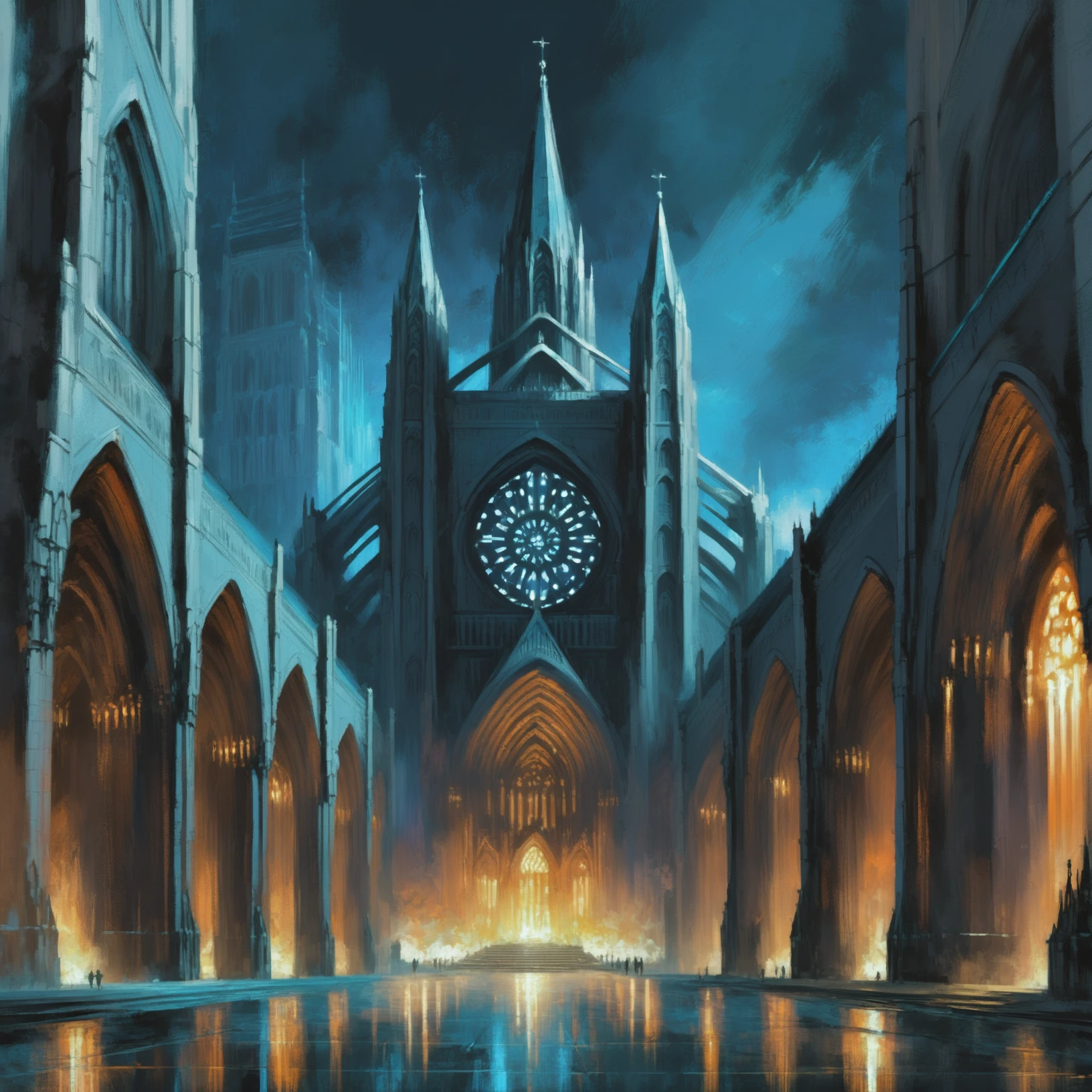 digital painting, dark fantasy cathedral in a downtown cyberpunk city at night<lora:EnvyNormanArchitectureXL01:0.3><lora:EnvyAnimeOilXL01:1><lora:EnvyBetterHiresFixXL01:0:hr=1>