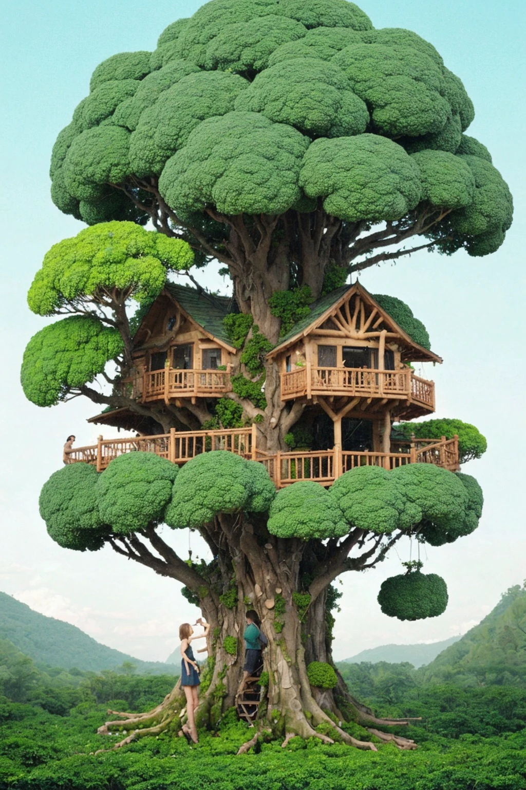 concept art Standing before you is a treehouse made entirely of broccoli. The treehouse boasts a remarkable green exterior,constructed from fresh and healthy broccoli. Inside the treehouse,a tranquil environment awaits,permeated by the scent of broccoli. This is truly a symbol of love for nature and a health-conscious lifestyle.,
 . digital artwork, illustrative, painterly, matte painting, highly detailed