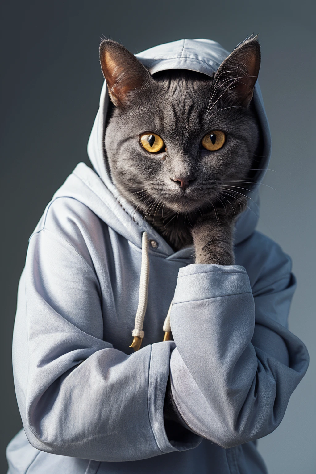 highres, 8k, absurdres, realistic, (Chartreux:1.3), (cat_human:1.3), cat, animal, animal focus, looking at viewer, no humans, upper body, solo, long sleeves, own hands together, simple background, realistic, hoodie,
<lora:Chartreux_v3-000010:0.55>