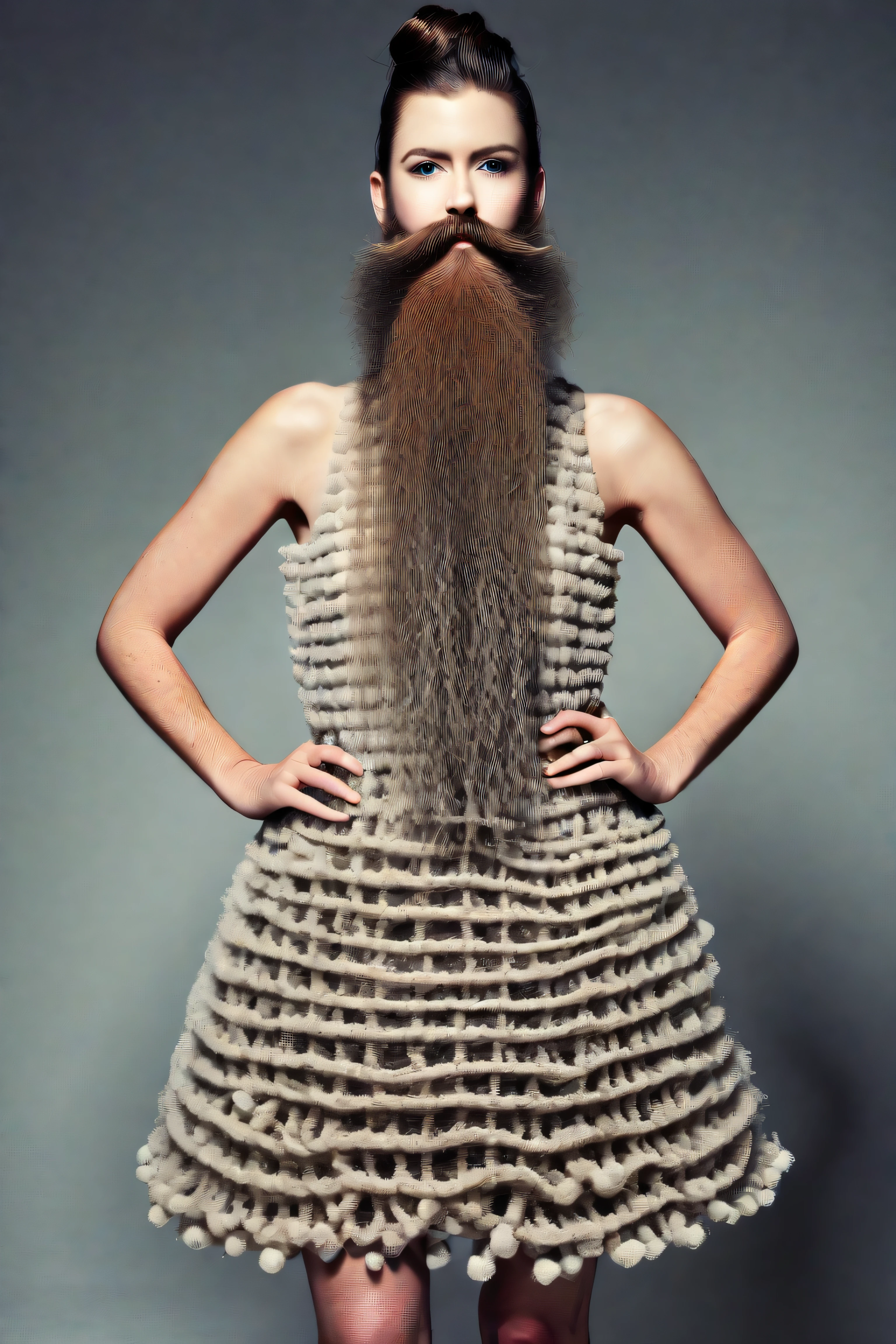 A catalog model wearing a dress made out of beards