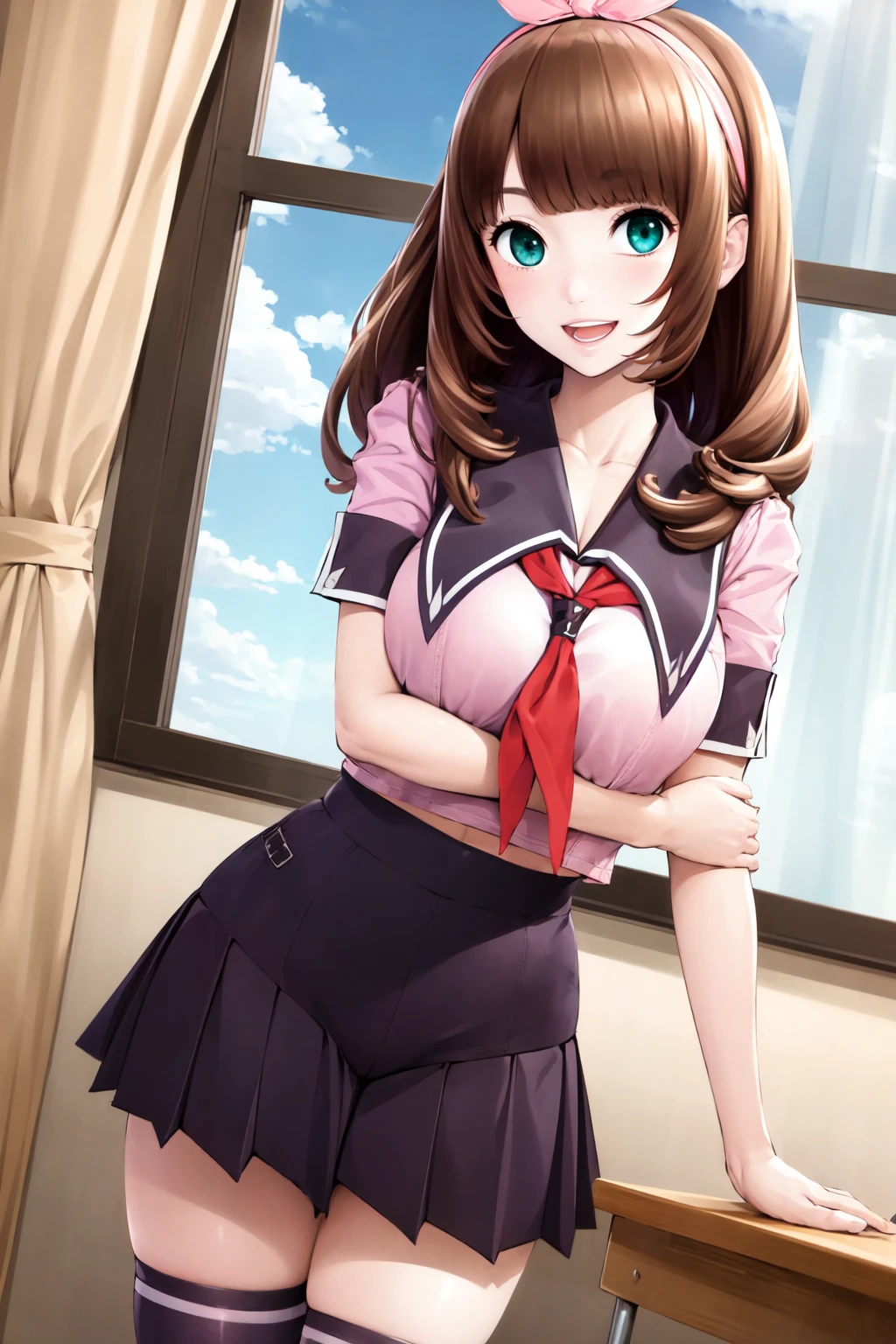 chitoseni, 1girl, solo, hair bow, pink hairband, school uniform, pink shirt, short sleeves, neckerchief, pleated skirt, looking at viewer, open mouth, smile, thighhighs, curtains, window, sky, cloud, classroom, cowboy shot, (midriff:0.6) <lora:chitoseni_V6f-10:0.8>