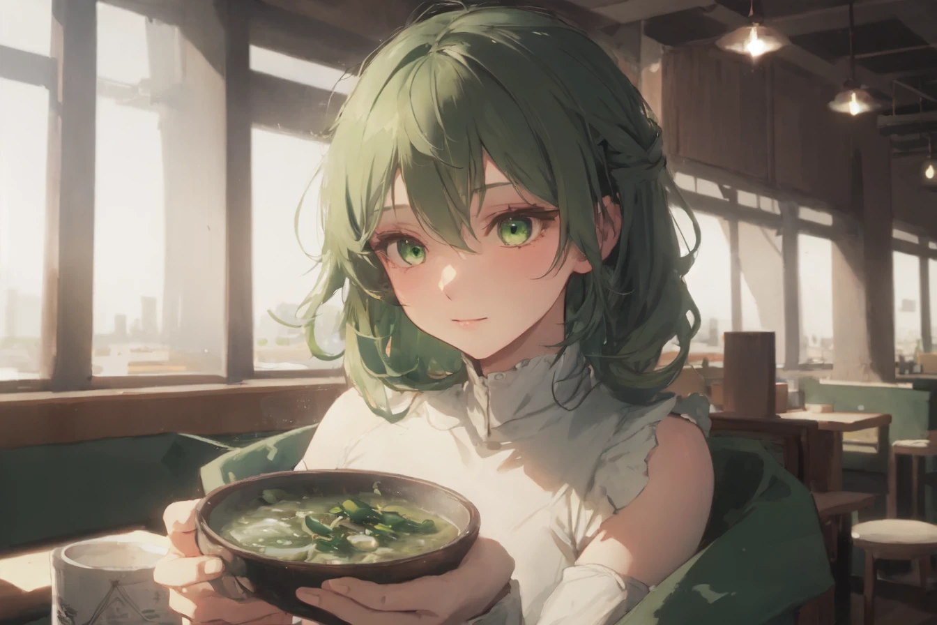 (best quality:1.4), anime, solo, A girl in restaurant, holding out bowl, offering bowl full of green bean soup