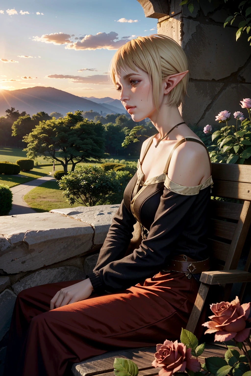 ((ultra detailed, masterpiece, absurdres))
<lora:DAISera:0.9>
DAISera, 1girl, solo, blonde hair, short hair, pointy ears, sitting in a garden, roses, colorful, cinematic lighting