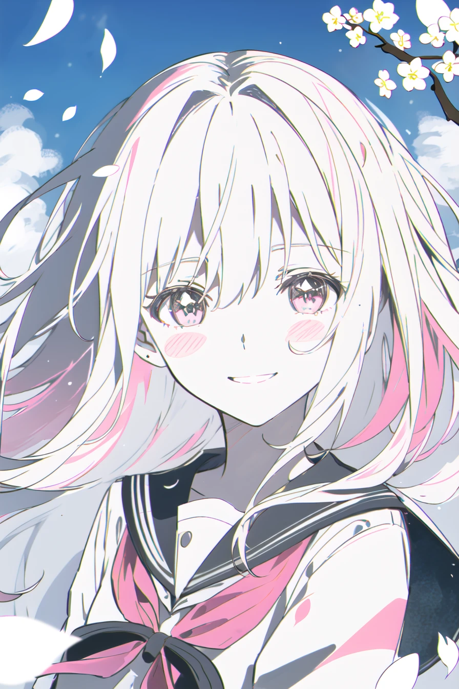 close-up, face_focus, (face:1.5), cherry_blossoms, outdoors, day, spring_\(season\), 1girl, white_hair, multicolored hair, solo, bangs, blush, looking_at_viewer, long_hair, branch, eyebrows_visible_through_hair, floating_hair,hair_between_eyes, sailor_collar, white_serafuku, pink_flower, petals, tree, white_shirt, wind, railing, smile, sky <lora:style_AnimeOriginal:1>