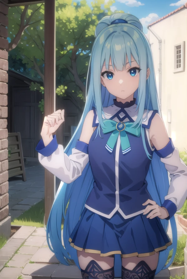 konosubaaqua, <lora:konosuba aqua movie-lora-nochekaiser:1>,
aqua, long hair, blue eyes, hair ornament, very long hair, blue hair, hair rings, single hair ring, hair bobbles,
BREAK skirt, shirt, thighhighs, bare shoulders, detached sleeves, white thighhighs, blue skirt, blue shirt, green bow,
BREAK outdoor, forest, nature, trees, village, sky, sun, clouds,
BREAK looking at viewer, (cowboy shot:1.5),
BREAK <lyco:GoodHands-beta2:1>, (masterpiece:1.2), best quality, high resolution, unity 8k wallpaper, (illustration:0.8), (beautiful detailed eyes:1.6), extremely detailed face, perfect lighting, extremely detailed CG, (perfect hands, perfect anatomy),
