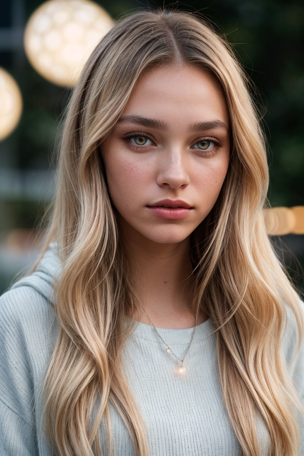 photo of (EP0l1v14C0l4ng3l0:0.99), closeup portrait, perfect hair, blonde, [bangs|ponytail] (modern photo, [Cropped hoodie and biker leggings with reflective details|Hooded Aran sweater with leggings and chunky lace-up boots|Graphic t-shirt, wide-leg pants, and sandals]), 24mm, (analog, cinematic, film grain:1.3), (([neon metropolis megacity, prefabricated materials,polycarbonate roofing roof,exposed aggregate concrete,electromagnetic pulse resilient structures, luminescent deep-sea creatures,string lights (fairy lights), solar garden lights| office, computers], gradient:1.1)), ((detailed eyes)), (([dark|heavy|subtle]eyeliner, long lashes)), (epicPhoto), long eyelashes, (perfect waist), ([red|pink|glossy] lips)