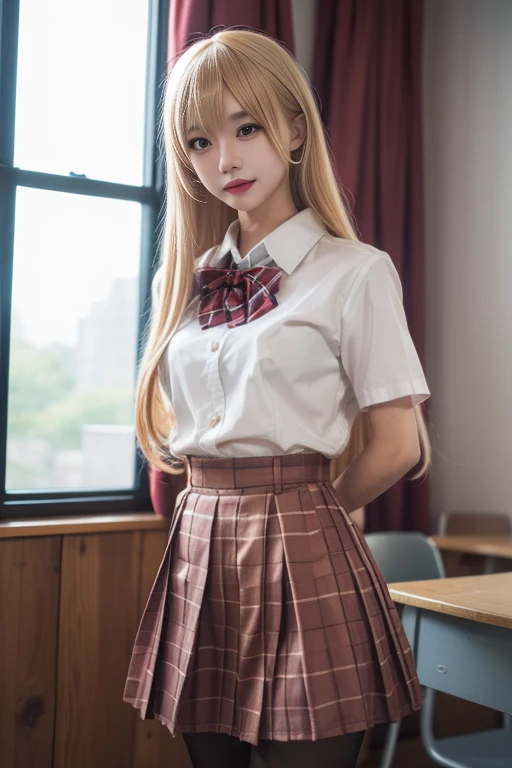 ltra-detailed,highly detailed,best quality,masterpiece,illustration,realistic,photorealistic,
shiina mahiru,xiaofu, 1girl, solo, cosplay, 
school uniform,collared shirt, short sleeves, bowtie, plaid pleated skirt, pantyhose, crossdressing, 
very long hair,  blonde hair, bangs, 
looking at viewer, standing, 
photo inset,  reference inset, indoors, 
 <lora:shiina mahiru xiaofu_v1_05:0.6>