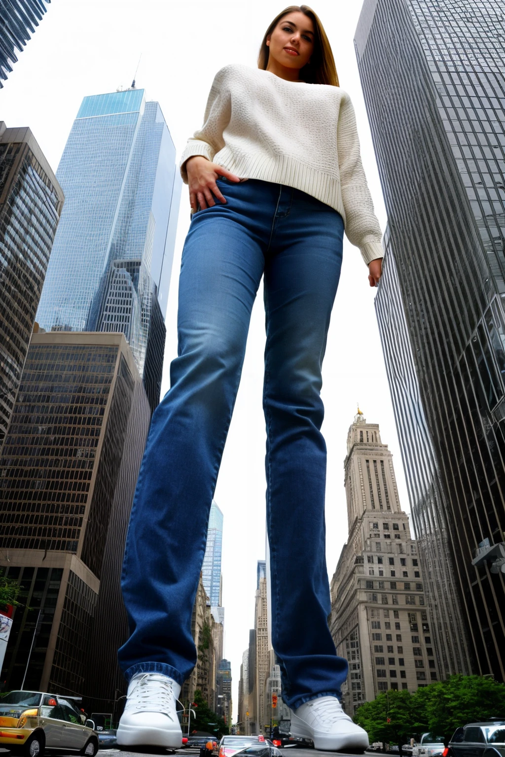 mini, giantess, white woman, skyscrapers, shot from below, sneakers, jeans, sweater <lora:gb13:0.8>
