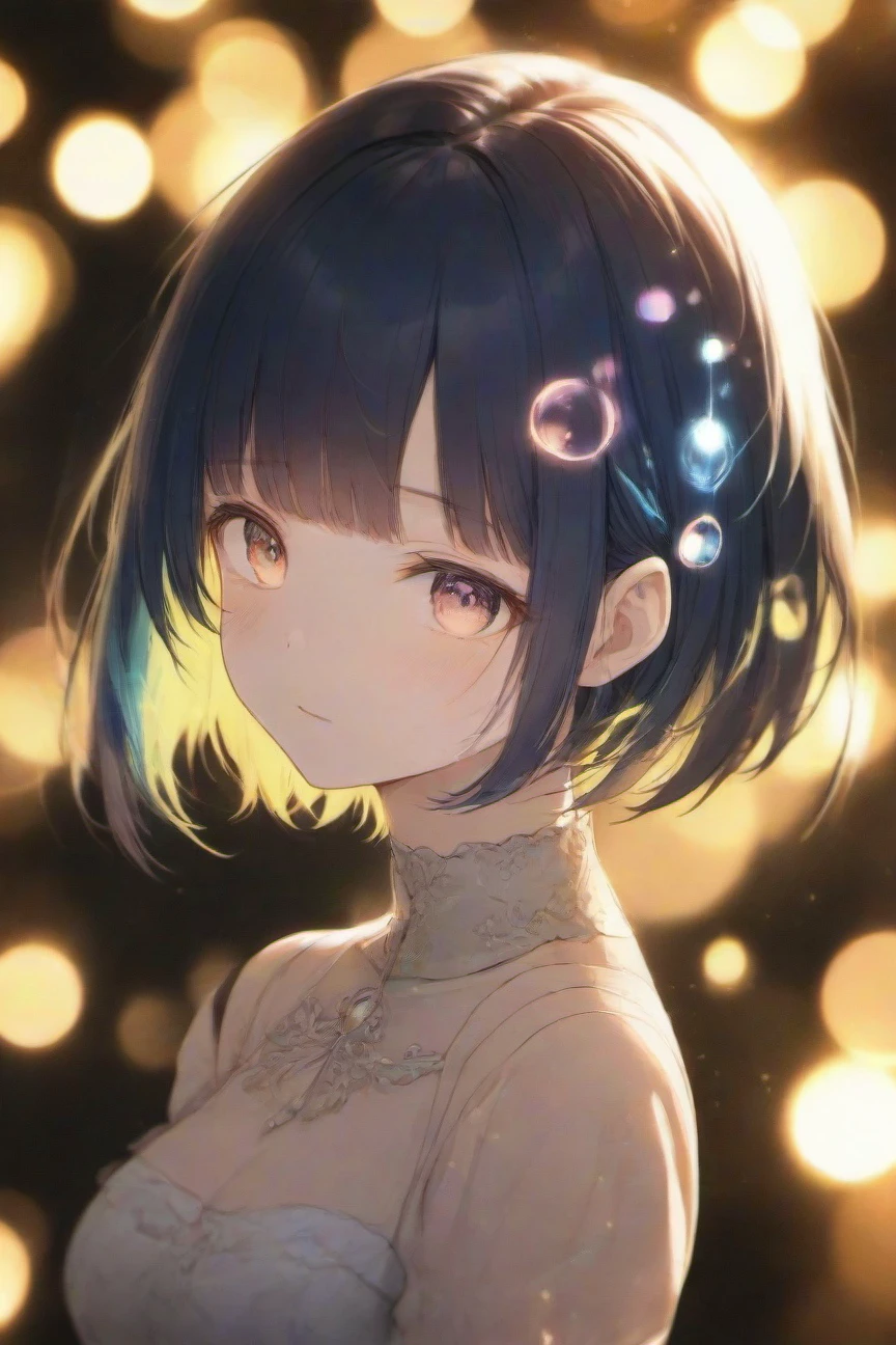 1girl,two-tone hair color, colored inner hair, very short hair, Bob with Bangs,bust-up shot,bokeh photography, (soft focus:1.2), out-of-focus highlights, dreamy ambiance, glowing circles, mesmerizing depth, ,