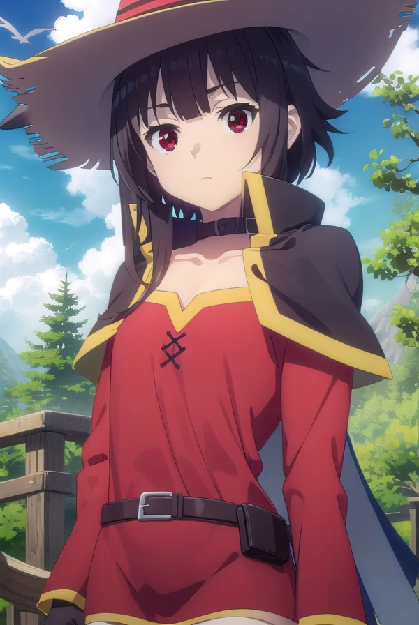 konosubamegumin, <lora:konosuba megumin movie-lora-nochekaiser:1>,
megumin, short hair, black hair, (red eyes:1.3), short hair with long locks,
BREAK thighhighs, gloves, hat, dress, black gloves, belt, black thighhighs, fingerless gloves, cape, collar, witch hat, bandages, red dress, single thighhigh, asymmetrical legwear, bandaged leg,
BREAK outdoor, forest, nature, trees, village, sky, sun, clouds,
BREAK looking at viewer, (cowboy shot:1.5),
BREAK <lyco:GoodHands-beta2:1>, (masterpiece:1.2), best quality, high resolution, unity 8k wallpaper, (illustration:0.8), (beautiful detailed eyes:1.6), extremely detailed face, perfect lighting, extremely detailed CG, (perfect hands, perfect anatomy),