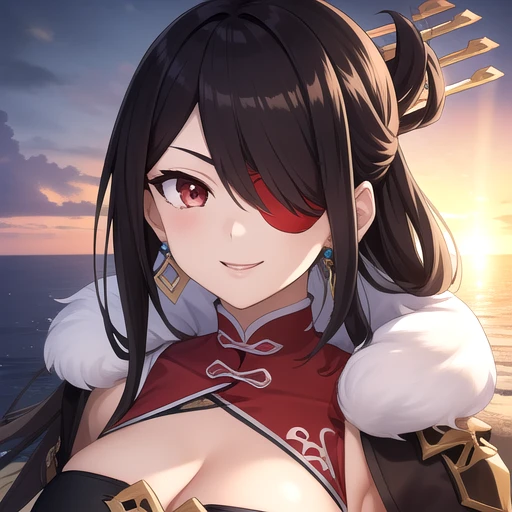 ((masterpiece)),(best quality),official art,extremely detailed CG,unity 8k wallpaper,ultra detailed,A lighthouse on a cliff by the sea,1girl,solo,upper body,(portrait:1.2),looking at viewer,large_breasts,eyepatch,thighhighs,long_hair,red_eyes,fingerless_gloves,hair_ornament,cleavage,hair_stick,high_heels,brown_hair,hairpin,earrings,thigh_boots,pelvic_curtain,one_eye_covered,jewelry,smile,hair_over_one_eye,black_gloves,chinese_clothes,dress,fur_trim,<lora:Beidou(gen)>,