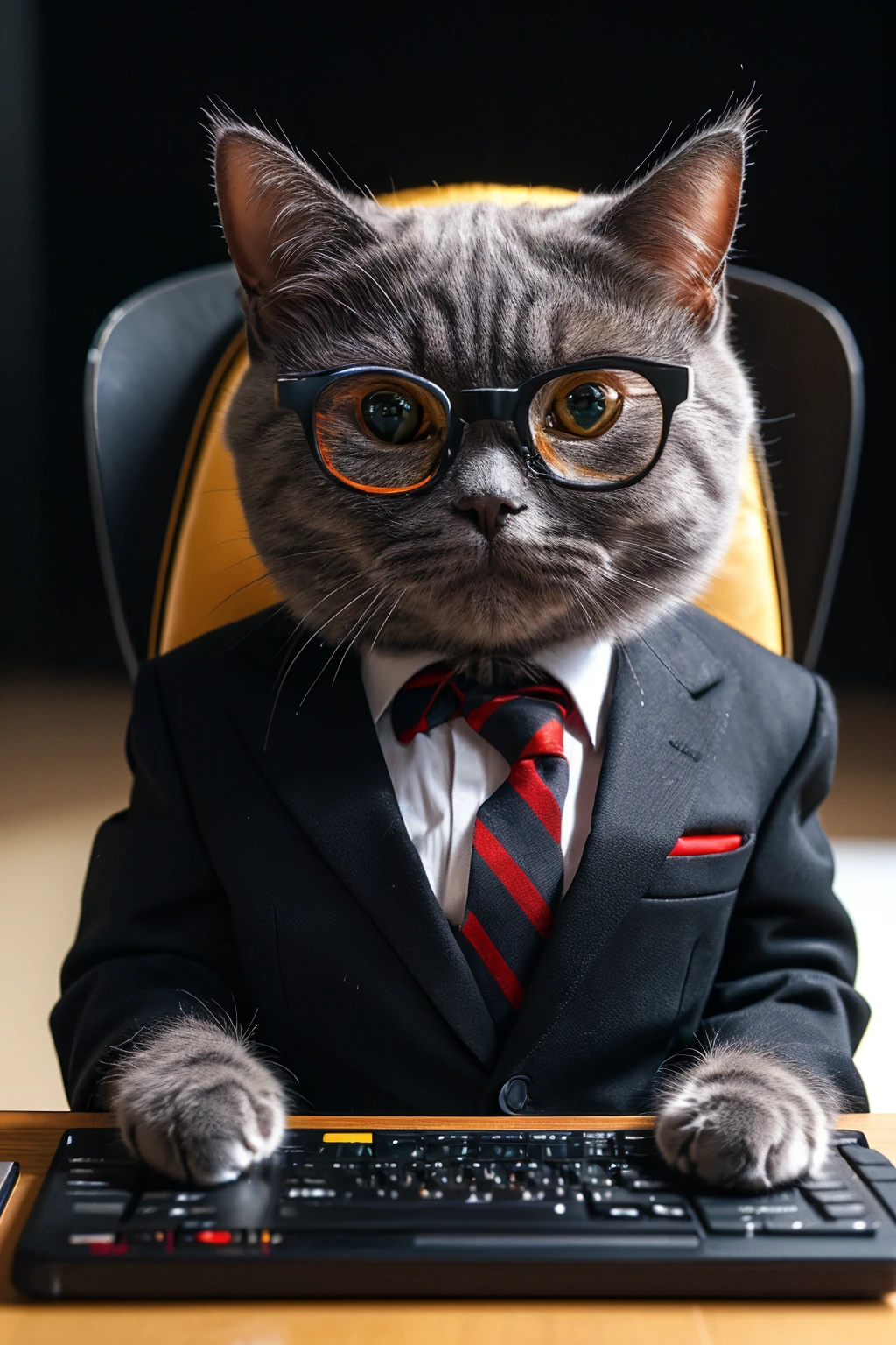 highres, 8k, absurdres, realistic, (Chartreux:1.3), (cat_human:1.3), cat, animal_focus, close up, simple background, plain background, programmer, (black suit:1.3), red tie, keyboard, in front of computer, looking at viewer, (nerd glasses:1.3), sitting on computer chair, sitting,
<lora:Chartreux_v3-000010:0.55>