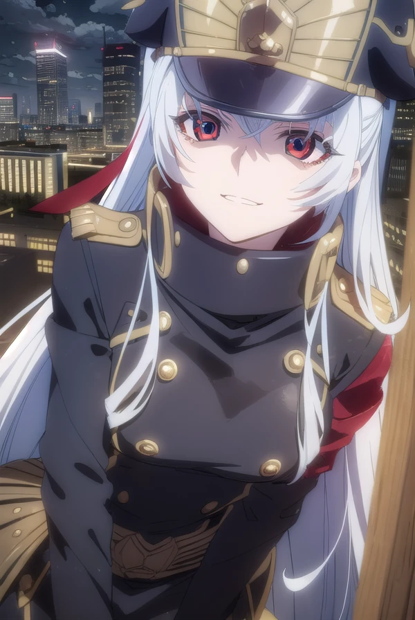 recreatorsaltair, <lora:recreators altair s1-lora-nochekaiser:1>,
altair, long hair, (red eyes:1.3), very long hair, white hair, smile, grin,
BREAK gloves, hat, uniform, military, military uniform, shako cap,
BREAK outdoor, city, night, sky, buildings, moon, clouds,
BREAK looking at viewer, (cowboy shot:1.5),
BREAK <lyco:GoodHands-beta2:1>, (masterpiece:1.2), best quality, high resolution, unity 8k wallpaper, (illustration:0.8), (beautiful detailed eyes:1.6), extremely detailed face, perfect lighting, extremely detailed CG, (perfect hands, perfect anatomy),