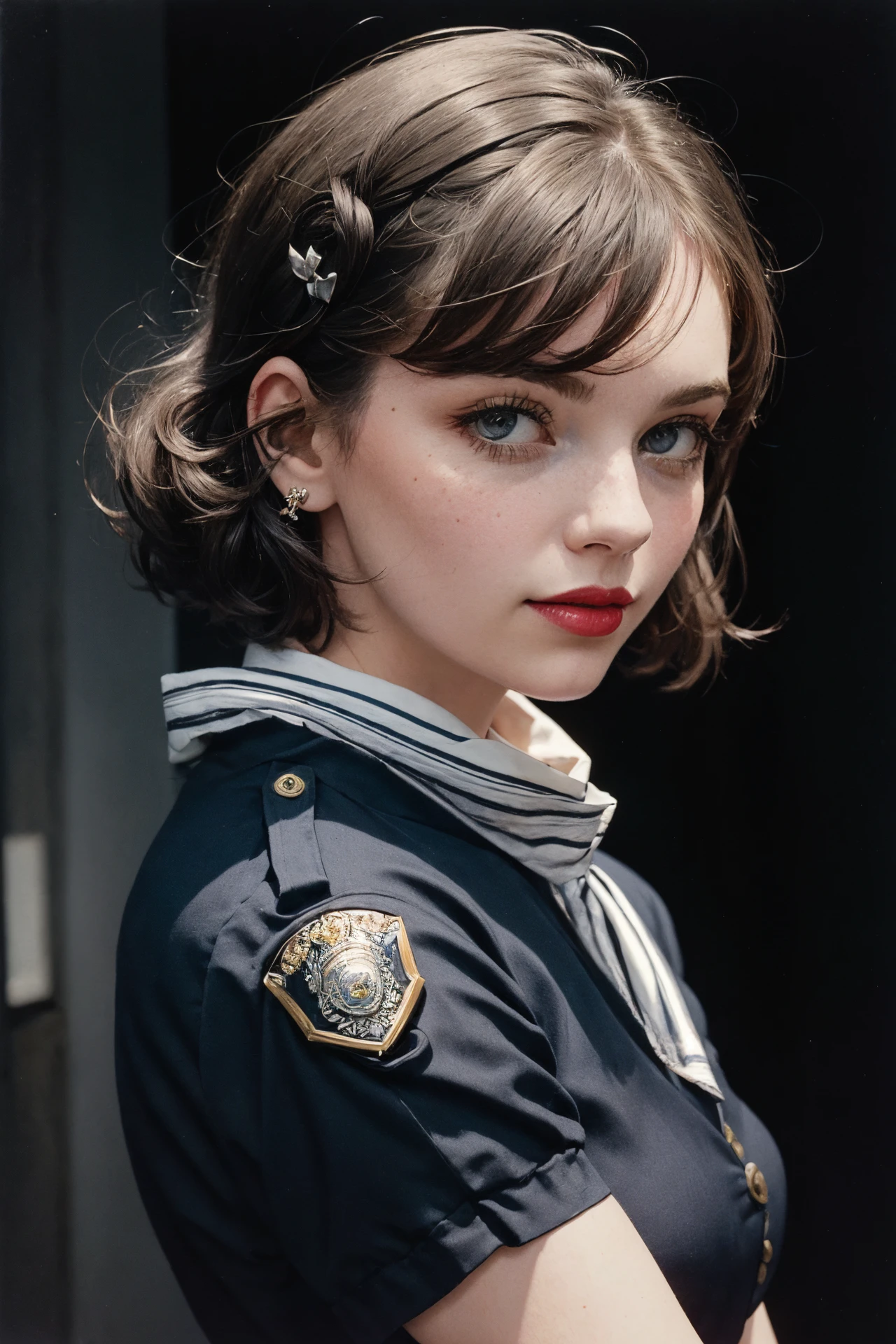 ((upper body portrait)),Photography by Edward Steichen,
a beautiful busty young woman Wearing a Peplum Dress,Wearing a Pastel Silk Scarf,Styling Pin Curls Haircut,Inside a 1950s Police Station: Gray stone building, blue-uniformed officers, black and white cars,
pale skin,highly detailed face,red lipstick,
(simple background,dark background):1.2,
1960s style,retro,vintage,old photo style,vibrant colors,