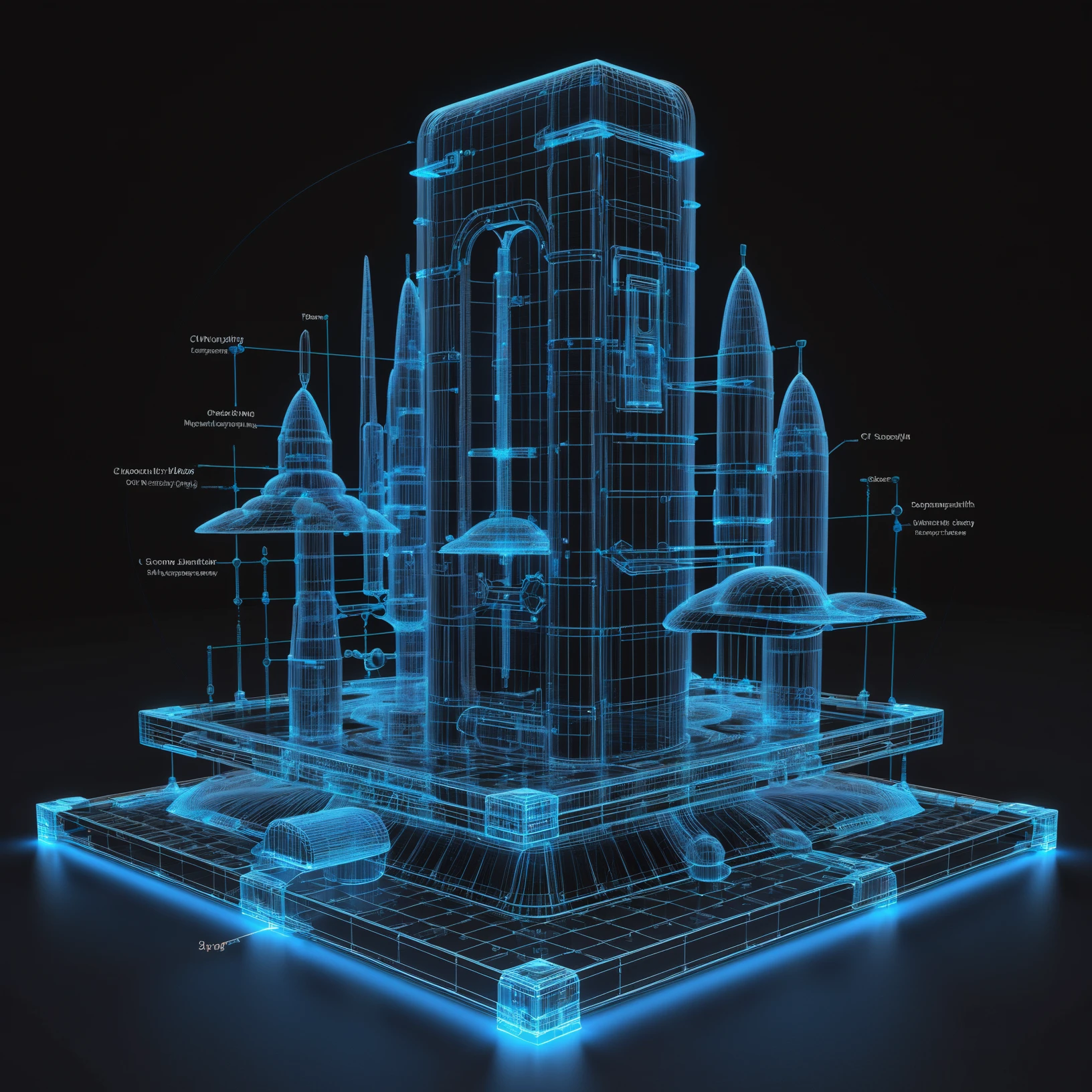 glowing blue on black 3d wireframe, diagram, scifi, morning, blue sky, clouds, architecture, "at the cloud Monolith"<lora:EnvyBetterHiresFixXL01:0:hr=1><lora:EnvyScifiWireframeXL01:1>
