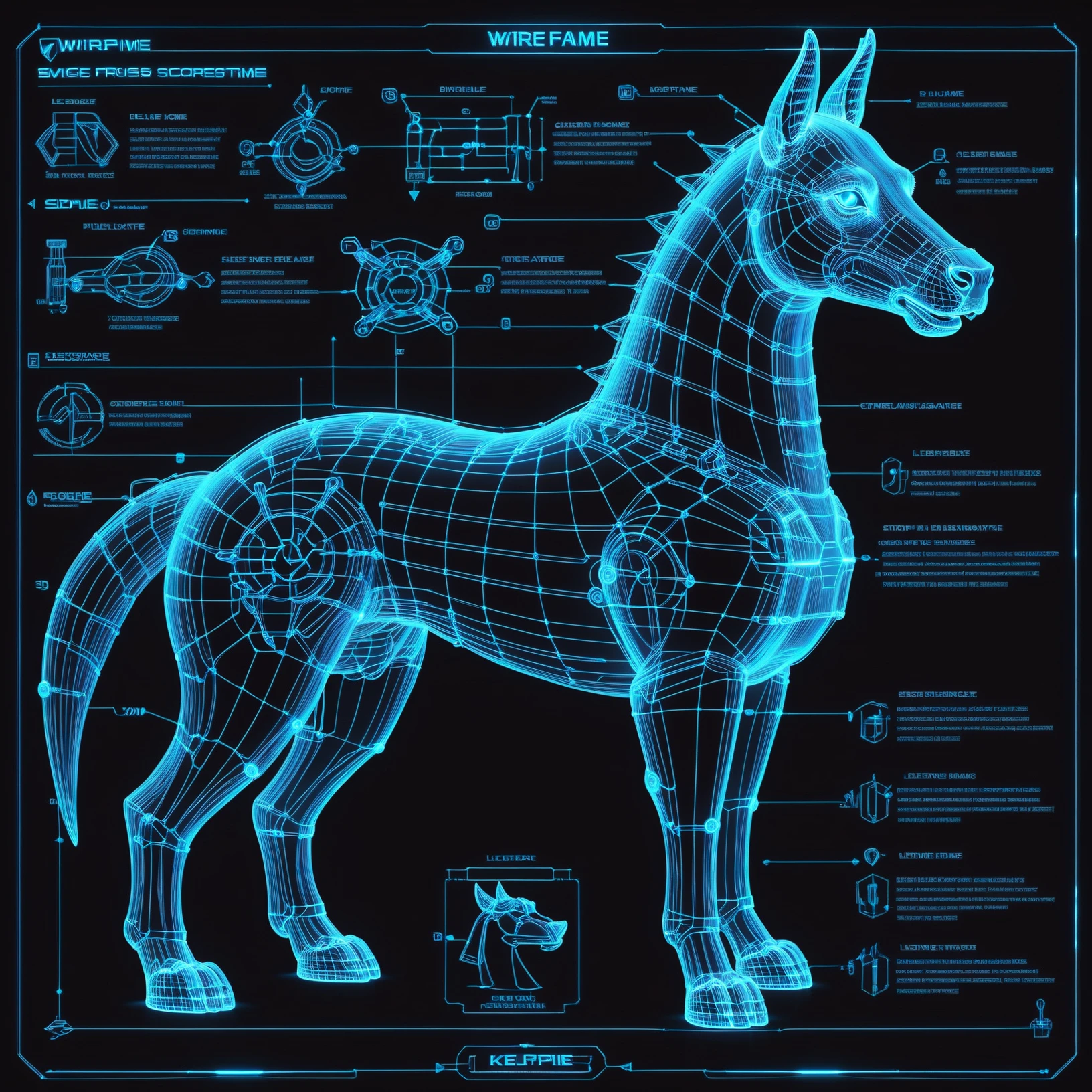 glowing blue on black 3d wireframe, diagram, kelpie <lora:EnvyBetterHiresFixXL01:0:hr=1><lora:EnvyScifiWireframeXL01:3>