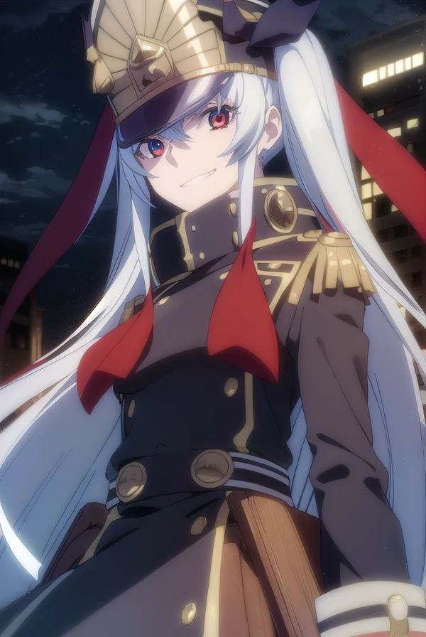 recreatorsaltair, <lora:recreators altair s1-lora-nochekaiser:1>,
altair, long hair, (red eyes:1.3), very long hair, white hair, smile, grin,
BREAK gloves, hat, uniform, military, military uniform, shako cap,
BREAK outdoor, city, night, sky, buildings, moon, clouds,
BREAK looking at viewer, (cowboy shot:1.5),
BREAK <lyco:GoodHands-beta2:1>, (masterpiece:1.2), best quality, high resolution, unity 8k wallpaper, (illustration:0.8), (beautiful detailed eyes:1.6), extremely detailed face, perfect lighting, extremely detailed CG, (perfect hands, perfect anatomy),