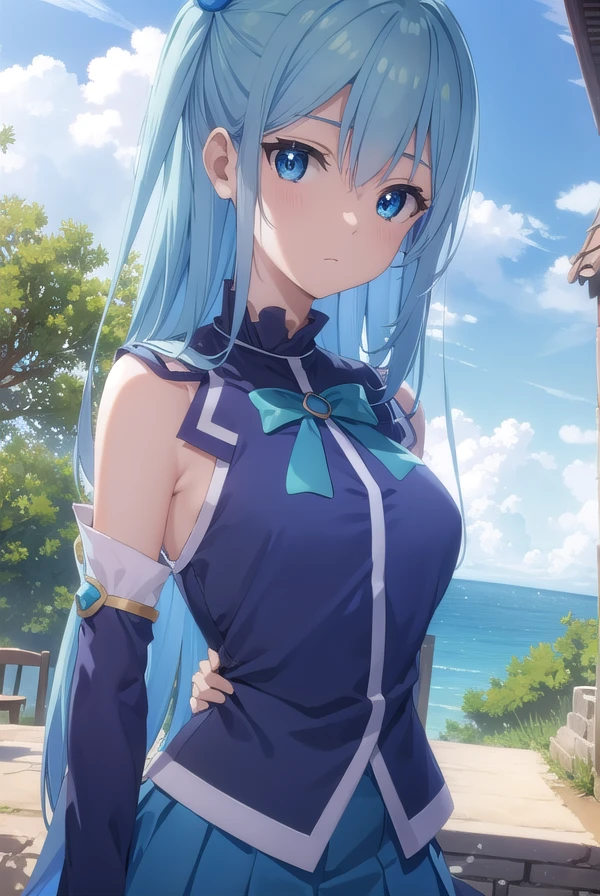 konosubaaqua, <lora:konosuba aqua movie-lora-nochekaiser:1>,
aqua, long hair, blue eyes, hair ornament, very long hair, blue hair, hair rings, single hair ring, hair bobbles,
BREAK skirt, shirt, thighhighs, bare shoulders, detached sleeves, white thighhighs, blue skirt, blue shirt, green bow,
BREAK outdoor, forest, nature, trees, village, sky, sun, clouds,
BREAK looking at viewer, (cowboy shot:1.5),
BREAK <lyco:GoodHands-beta2:1>, (masterpiece:1.2), best quality, high resolution, unity 8k wallpaper, (illustration:0.8), (beautiful detailed eyes:1.6), extremely detailed face, perfect lighting, extremely detailed CG, (perfect hands, perfect anatomy),