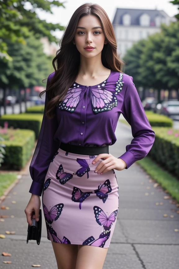 1woman, long hair, realistic, masterpiece, high detailed skin, looking at viewer, outdoor view, solo, full body shot
<lora:Butterfly_Pencil_Skirt_Blouse_By_Stable_Yogi:0.8> purple butterfly print blouse, butterfly print pencil skirt