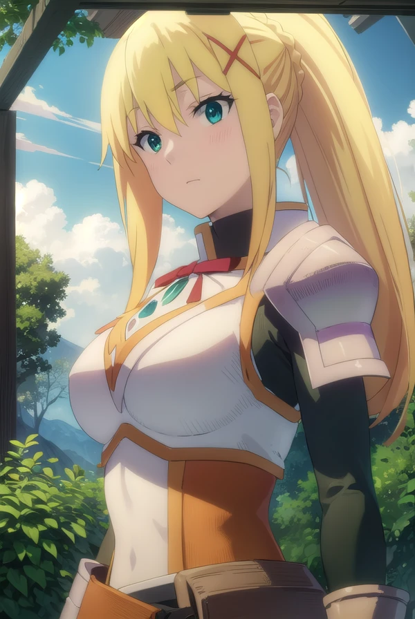lalatinadustinessford, <lora:lalatina dustiness ford movie-lora-nochekaiser:1>, 
lalatina dustiness ford, darkness \(konosuba\), long hair, (green eyes:1.3), blonde hair, hair ornament, ponytail, braid, x hair ornament,
BREAK gloves, armor, bodysuit, shoulder armor, armored dress,
BREAK outdoor, forest, nature, trees, village, sky, sun, clouds,
BREAK looking at viewer, (cowboy shot:1.5),
BREAK <lyco:GoodHands-beta2:1>, (masterpiece:1.2), best quality, high resolution, unity 8k wallpaper, (illustration:0.8), (beautiful detailed eyes:1.6), extremely detailed face, perfect lighting, extremely detailed CG, (perfect hands, perfect anatomy),