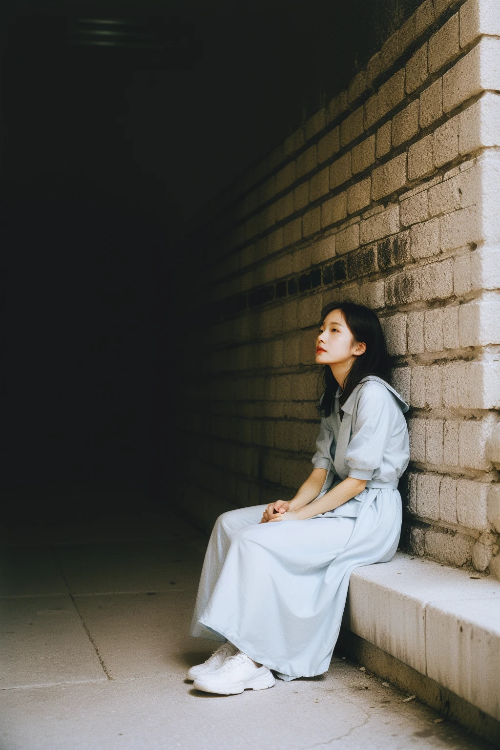 1girl,film grain,vintage tone,high contrast,gown,tunnel,brick_wall,melancholy,sitting,against wall,sad,<lora:FUJICOLOR Super HR 100:1.2>,