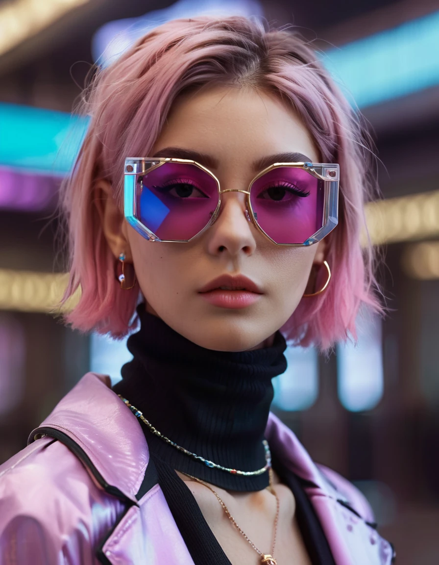 1girl, jewelry, parted lips, realistic, sunglasses, pink hair, digital media \(artwork\), short hair, portrait, nose, looking at viewer, turtleneck, futuristic glasses, gorgeous, detailed background, depicted, intricate, elegant, highly enhanced, sharp focus, color, winning, perfect, colorful, beautiful, innocent, open, transparent, artistic
<lora:FuturisticGlassesXL:.6>, , <lora:FILM_PHOTOGRAPHY_STYLE:0.25>