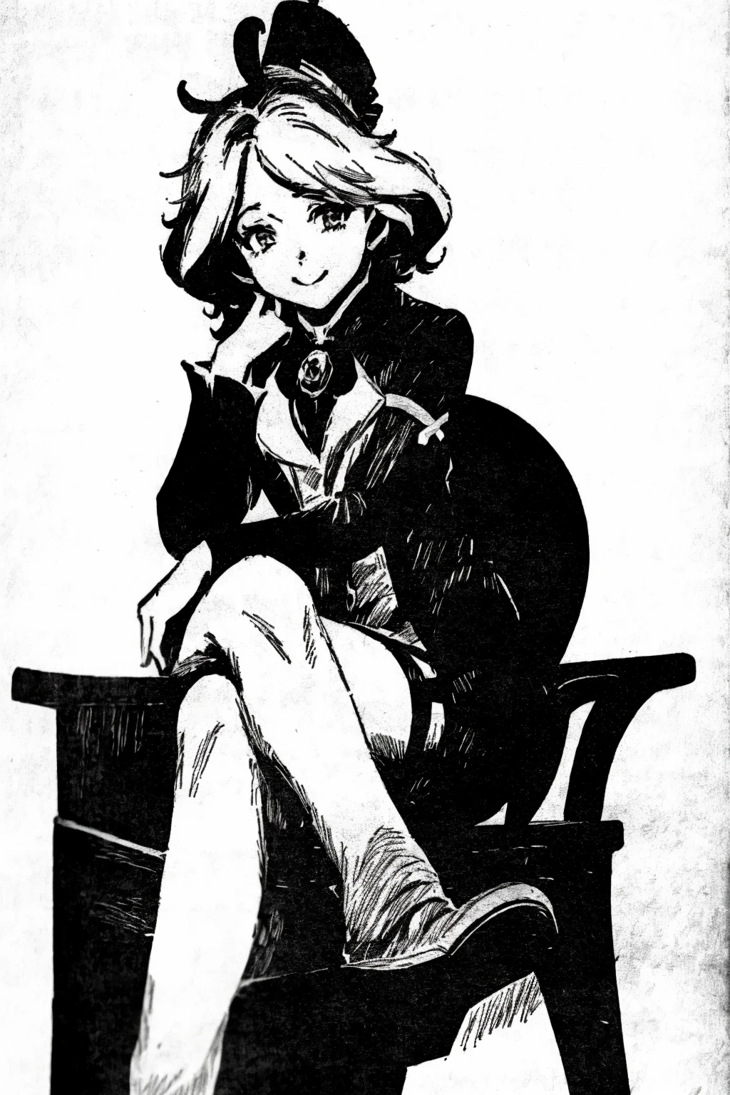 masterpiece, best quality, <lora:es:1.2>,monochrome, greyscale,  
<lora:Furina-sver:1>,1girl,solo,furina,hat,smile,  sitting, crossed legs, ,chair,blue footwear
