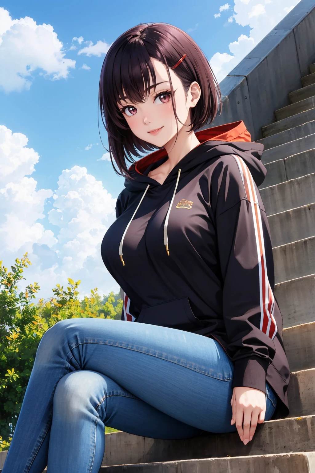 masterpiece, best quality, <lora:smikazuki-nvwls-v1-000009:0.9> shizuka mikazuki, hairclip, large breasts, black hoodie, jeans, looking at viewer, sitting, stairs, blue sky, clouds, smile
