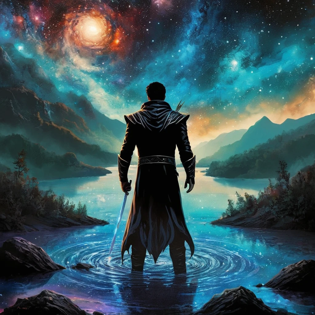 Dark Fantasy Art of <lora:Dark Art Painting Style:0.9>
a man standing in the middle of a galaxy river dark art painting style, dark, moody, dark fantasy style