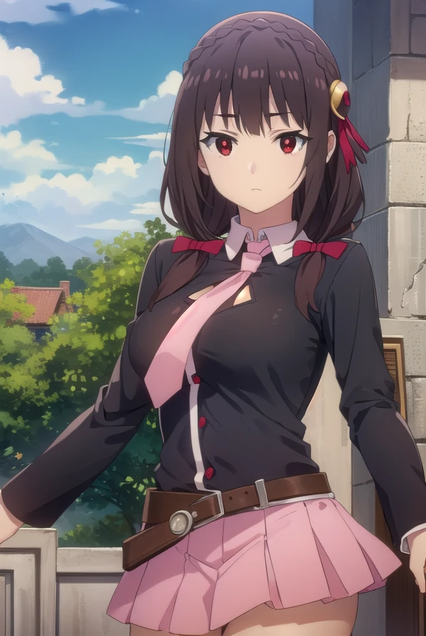konosubayunyun, <lora:konosuba yunyun movie-lora-nochekaiser:1>,
yunyun, long hair, brown hair, hair ornament, (red eyes:1.3), bow, ribbon, twintails, braid, hair bow,
BREAK skirt, long sleeves, necktie, belt, clothing cutout, cleavage cutout, pink skirt, pink necktie,
BREAK outdoor, forest, nature, trees, village, sky, sun, clouds,
BREAK looking at viewer, (cowboy shot:1.5),
BREAK <lyco:GoodHands-beta2:1>, (masterpiece:1.2), best quality, high resolution, unity 8k wallpaper, (illustration:0.8), (beautiful detailed eyes:1.6), extremely detailed face, perfect lighting, extremely detailed CG, (perfect hands, perfect anatomy),