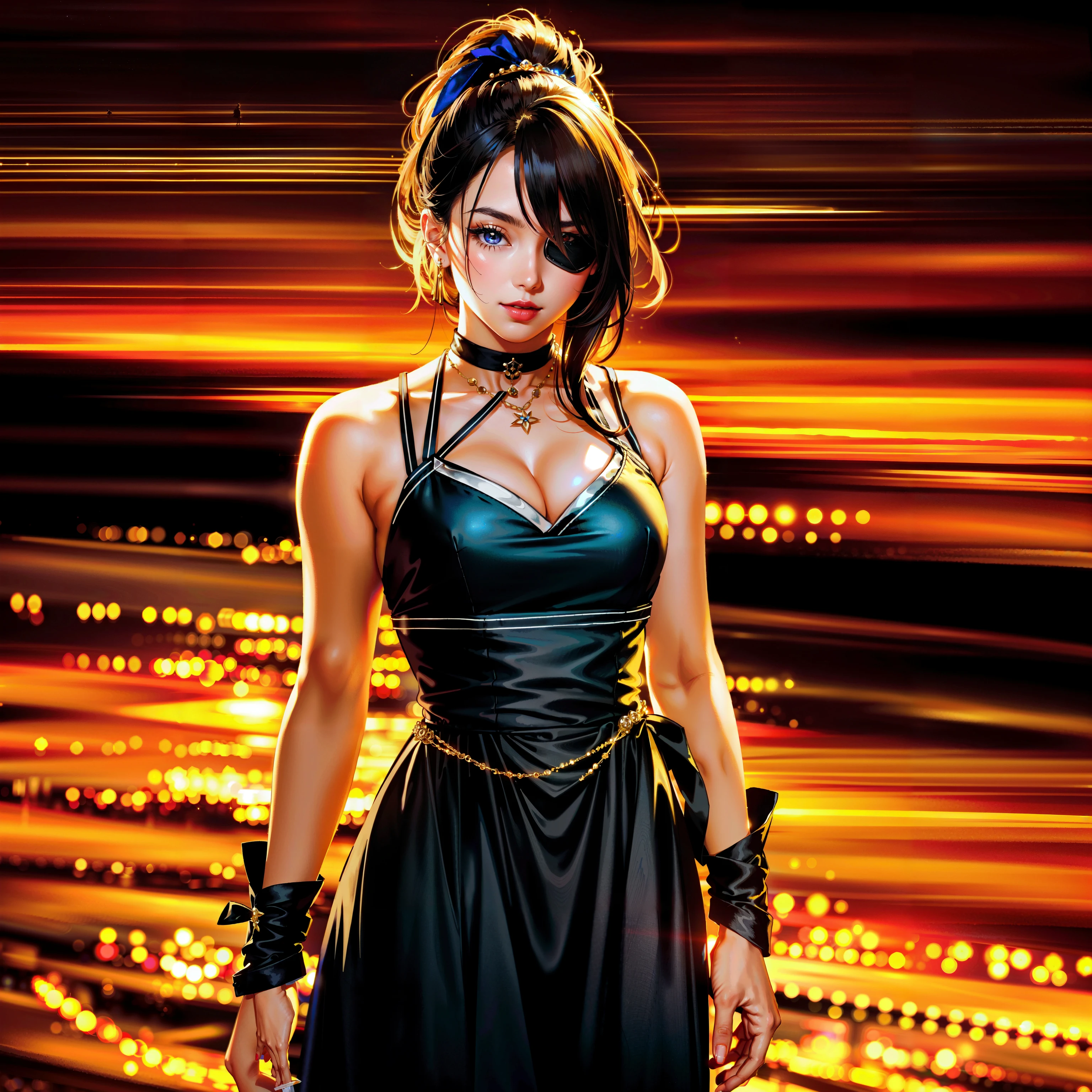 (1girl, full body, woman, at the city, night city, night, city, nightlife, skyscrappers, 3d, realistic, 1girl, eye_obscured, smile, red lipstick, ponytail, eyepatch, dress, necklace, solo, standing, bloom, glow, bokeh, sparkle, magic, jewelry, ornaments, fantasy, best quality, masterpiece, highres, extremely detailed CG, extremely detailed 8K wallpaper, extremely detailed character, solo, sharp focus, dramatic angle, cinematic lighting, (extremely delicate and beautiful:1.2):1.1)