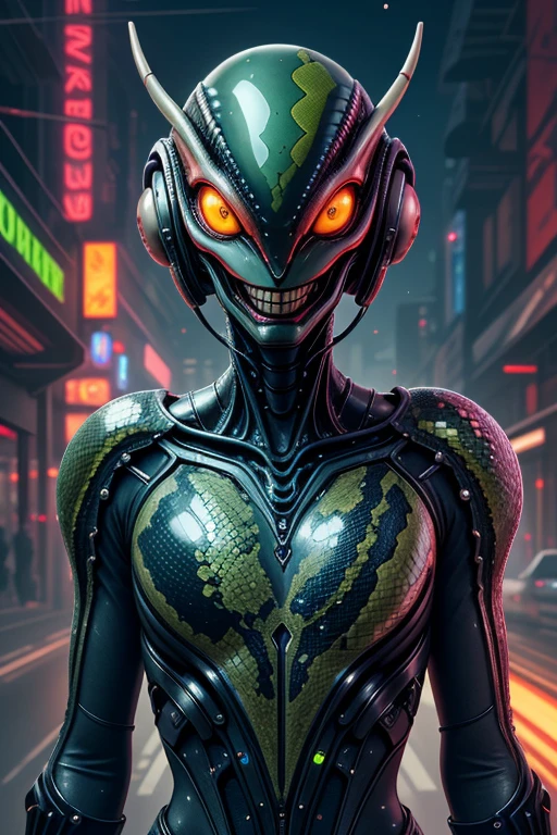 Beautiful woman, alien, green skin, snake humanoid, dragon scales, beautiful detailed face, rough skin, scales, snake, devious grin, narrow yellow eyes, looking away, slit pupils, small flat nose, best quality, extremely detailed, sci-fi, neon, glowing, colorful, <lora:detail_slider_v4:1.4> high-tech, cyberpunk, cosmos, aliens, space, technology, BadDream <lora:FemAlien:0.6>