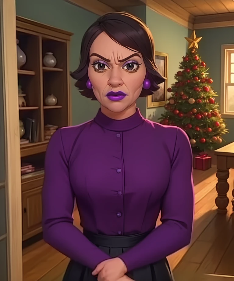 Mavilda,short hair,black eyes,purple lips,
earrings,purple shirt,long sleeves,looking at viewer,serious,
standing,
cozy home,indoors,christmas,
(insanely detailed, beautiful detailed face, masterpiece, best quality) solo,<lora:MrsMavilda:0.7>,