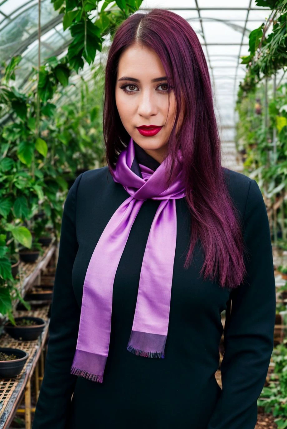 A stunning intricate full color portrait of a 25 years old beautiful woman, wearing a violet silk scarf paired with a black shift dress, overgrown greenhouse<lora:epiNoiseoffset_v2:1>, lipstick, epic character composition,by ilya kuvshinov, alessio albi, nina masic,sharp focus, subsurface scattering, f2, 35mm, film grain , sexy smile <lora:paulash:1>