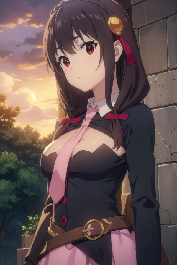konosubayunyun, <lora:konosuba yunyun movie-lora-nochekaiser:1>,
yunyun, long hair, brown hair, hair ornament, (red eyes:1.3), bow, ribbon, twintails, braid, hair bow,
BREAK skirt, long sleeves, necktie, belt, clothing cutout, cleavage cutout, pink skirt, pink necktie,
BREAK outdoor, forest, nature, trees, village, sky, sun, clouds,
BREAK looking at viewer, (cowboy shot:1.5),
BREAK <lyco:GoodHands-beta2:1>, (masterpiece:1.2), best quality, high resolution, unity 8k wallpaper, (illustration:0.8), (beautiful detailed eyes:1.6), extremely detailed face, perfect lighting, extremely detailed CG, (perfect hands, perfect anatomy),