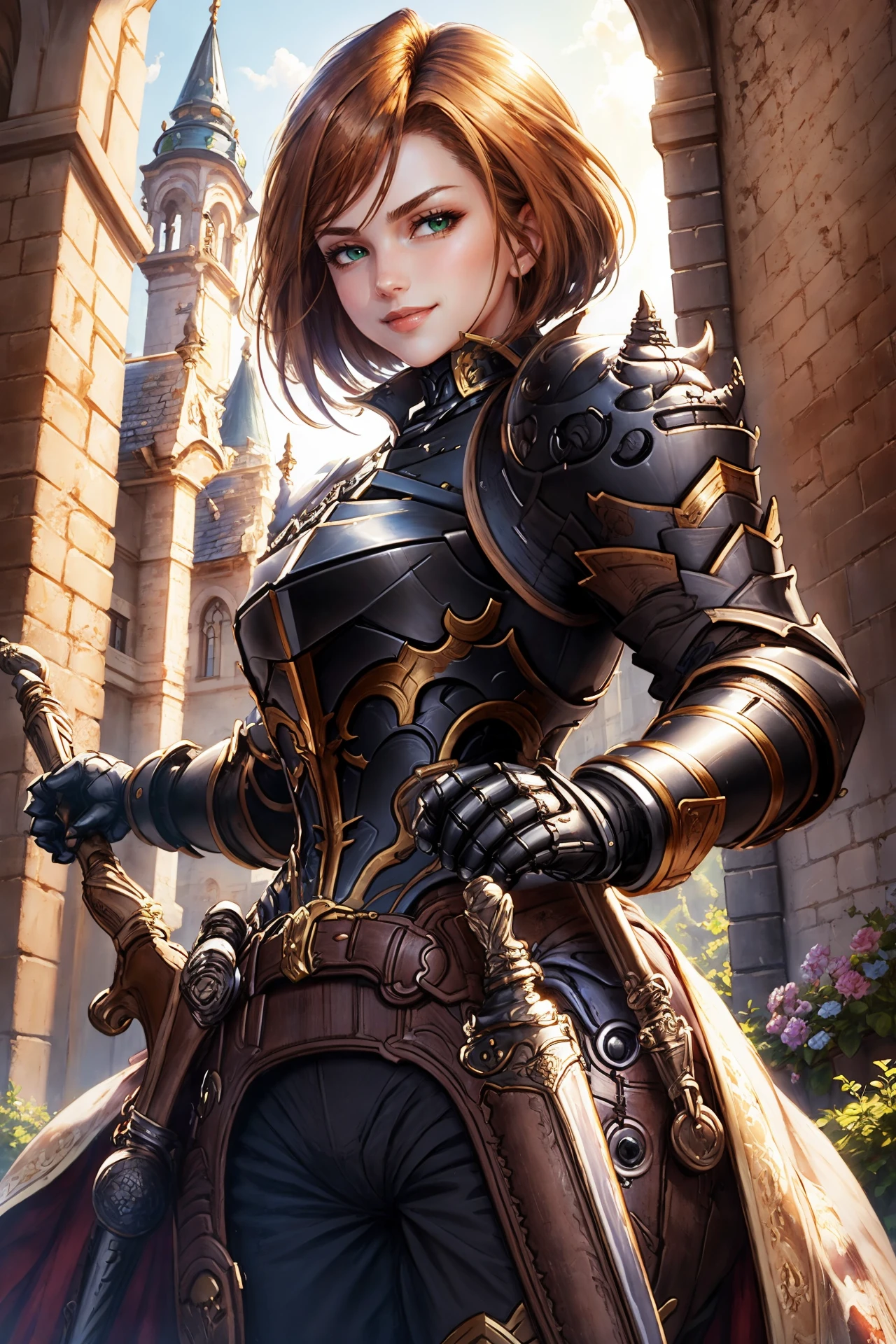 masterpiece, best quality, <lora:gbfbk-nvwls-v1-000009:0.9> gbfBK, short hair, green eyes, armor, shoulder armor, gauntlets, black pants, looking at viewer, smile, castle, medieval architecture, cobblestones, upper body, holding sword, sword