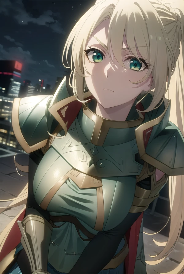 alicetariafebruary, <lora:alicetaria february s1-lora-nochekaiser:1>,
alicetaria february, long hair, (green eyes:1.3), blonde hair, ponytail, braid,
BREAK skirt, cape, armor, gauntlets, breastplate, red cape,
BREAK outdoor, city, night, sky, buildings, moon, clouds,
BREAK looking at viewer, (cowboy shot:1.5),
BREAK <lyco:GoodHands-beta2:1>, (masterpiece:1.2), best quality, high resolution, unity 8k wallpaper, (illustration:0.8), (beautiful detailed eyes:1.6), extremely detailed face, perfect lighting, extremely detailed CG, (perfect hands, perfect anatomy),