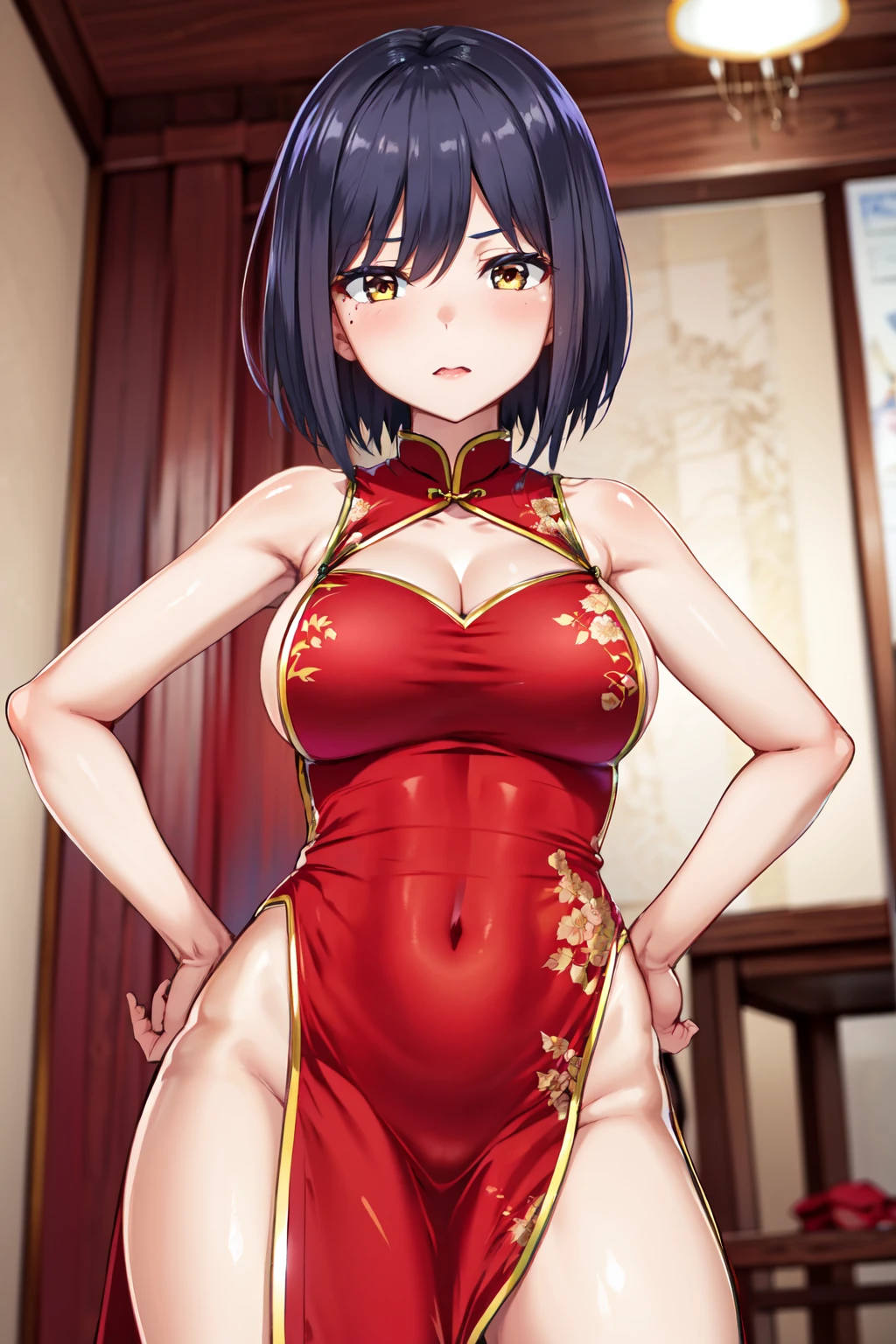 masterpiece,best quality,highres,ultra-detailed,aarin,(mole under eye:0.8),short hair,bangs,large breasts,<lora:shizuka_rin:0.8>,bare shoulders,china dress,chinese clothes,short dress,cleavage cutout,sideboob,thighs,hands_on_hips,(furrowed_brow:1.2),indoors,front view,from_below,