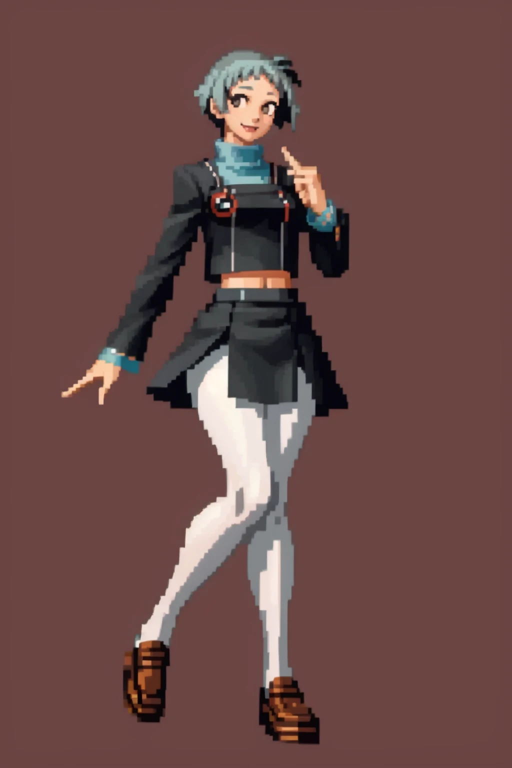 masterpiece, best quality, solo, 1girl, looking at viewer, smile, <lora:Fuuka_Fp:1>, fuukap3, school uniform, skirt, turtleneck, pantyhose, short hair, <lora:SNK-Kof_sprites_Fp:0.8>, simple background, full body, standing,