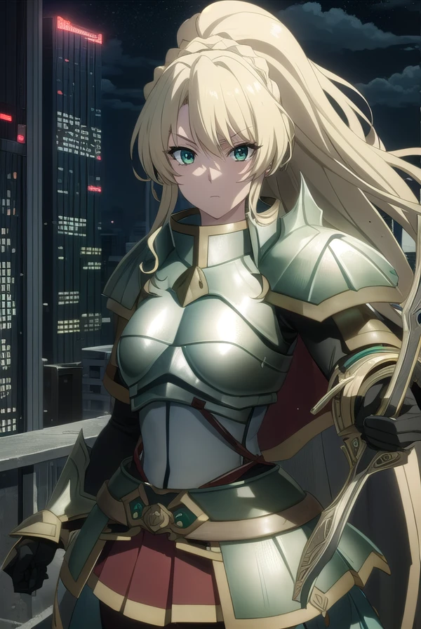 alicetariafebruary, <lora:alicetaria february s1-lora-nochekaiser:1>,
alicetaria february, long hair, (green eyes:1.3), blonde hair, ponytail, braid,
BREAK skirt, cape, armor, gauntlets, breastplate, red cape,
BREAK outdoor, city, night, sky, buildings, moon, clouds,
BREAK looking at viewer, (cowboy shot:1.5),
BREAK <lyco:GoodHands-beta2:1>, (masterpiece:1.2), best quality, high resolution, unity 8k wallpaper, (illustration:0.8), (beautiful detailed eyes:1.6), extremely detailed face, perfect lighting, extremely detailed CG, (perfect hands, perfect anatomy),