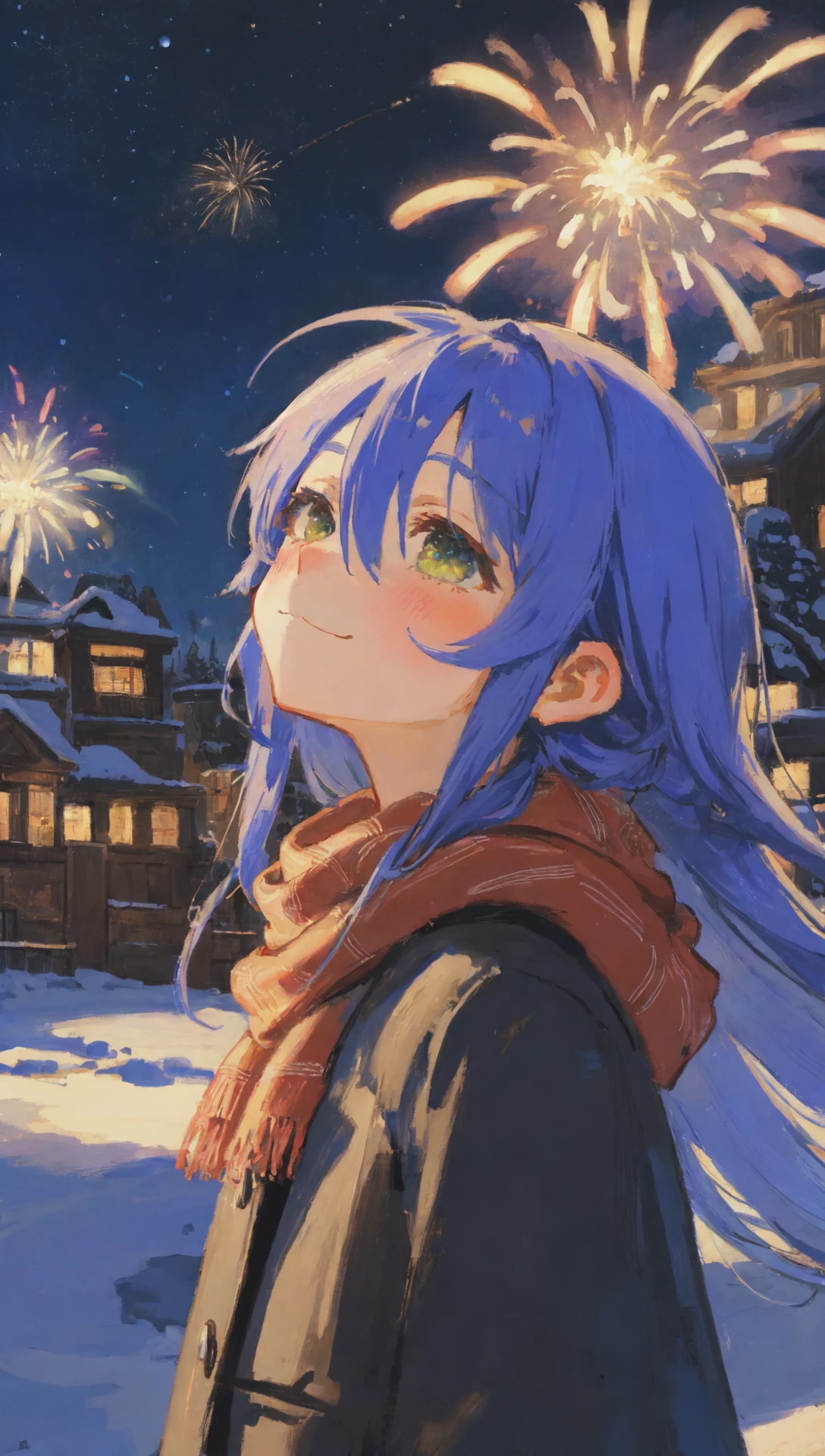 post impressionist, high quality, colorful, masterpiece
izumi konata, lucky star, blue hair, hair between eyes, ahoge, long hair, green eyes, jitome, winter clothes, coat, scarf, gloves, \:3, light smile, looking up, fireworks, night, darkness, night sky, starry sky, winter, snow