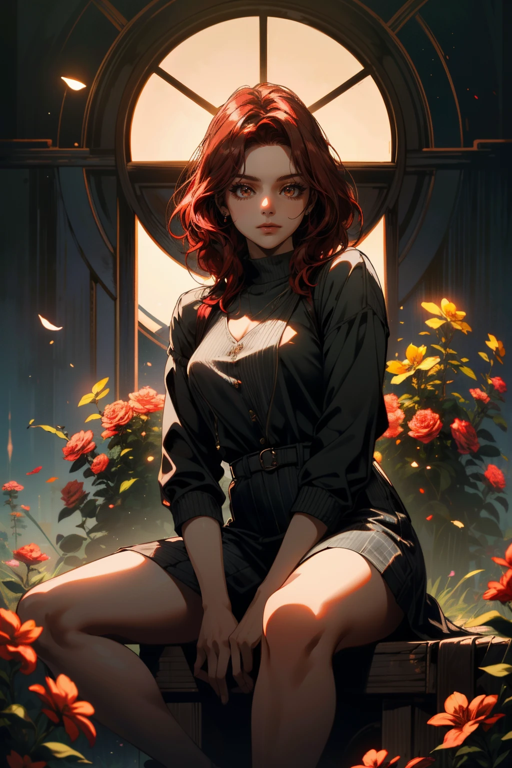 ((ultra detailed, masterpiece, absurdres))
 <lora:QuarryAbigail:0.9>
QuarryAbigail, 1girl, solo, red hair, brown eyes, sitting in a garden, roses, colorful, sunrise, cinematic lighting