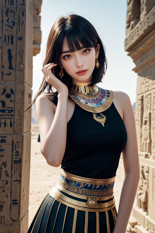 (otherworldly, otherworldly atmosphere, otherworldly appearance), highly insanely detailed, masterpiece, top quality, best quality, highres, 4k, 8k, RAW photo, (long_hair, long hair), collar, earrings, jewelry,
(random colors cloth, random colors hair, random long hair, dynamic hair, glowing hair),
long hair, eyelashes, eyeliner, makeup, hair over one eye,
(dynamic pose), (dynamic weather), (dynamic background), nsfw,
1girl, (portrait:1.2),
((ancient egyptian theme)), golden ornaments,
1girl, short hair, bob cut, bangs, smile, light blush, upper body, head tilt, ancient egyptian sailor_shirt, ancient egyptian pleated_skirt, bowtie, hair behind ear,
BREAK, (fantasy world)
