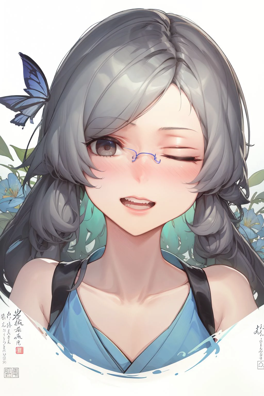 portrait, solo, 1girl, one eye closed \(winking\), dark grey hair, chonmage, silver eyes, blue camisole, Common_Yarrow \(flower\), floral background <lora:Kuroduki_(pieat)_style_v01.10.10.01:1>