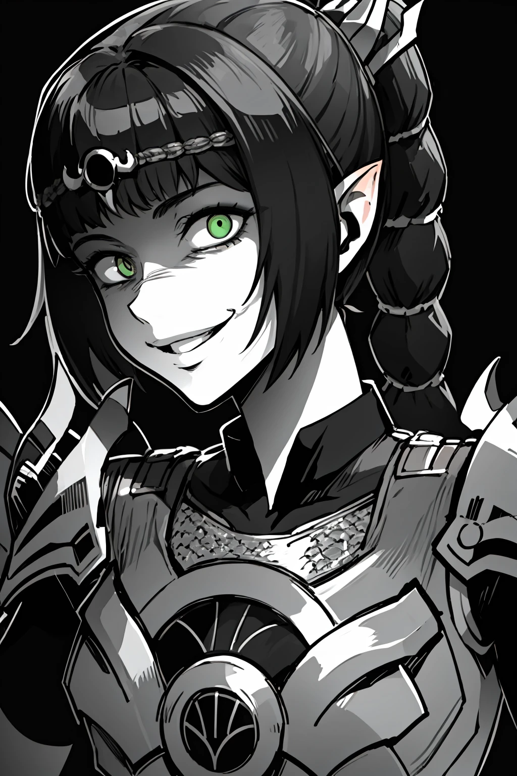 masterpiece, best quality, monochrome, greyscale, ebiblue, gesugao, 1girl, shadowheart, black hair, braided ponytail, green eyes, circlet, upper body, armor, smile, sketch, looking at viewer, black background <lora:ShadowHeartV2:1> <lora:Ebiblue:1>