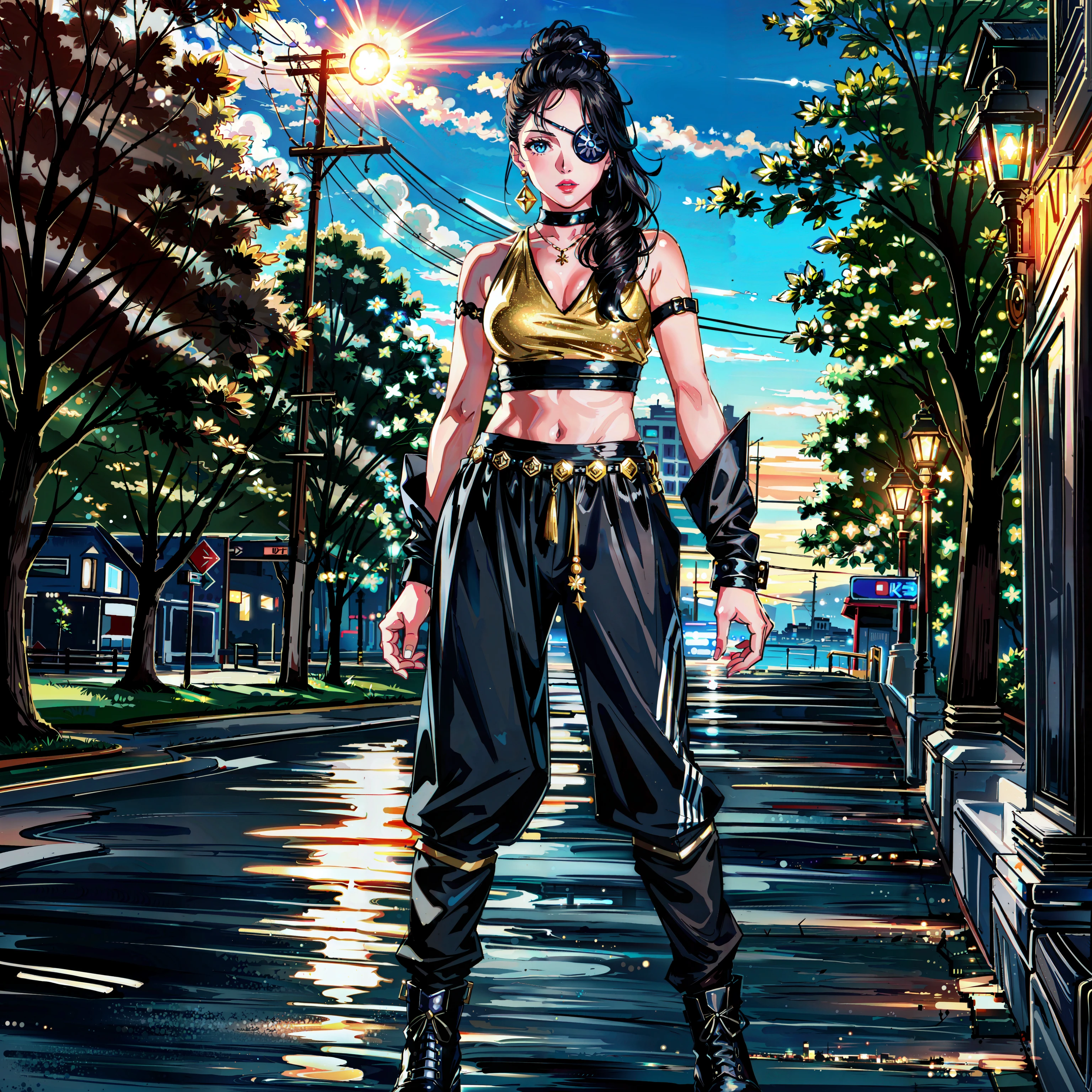(1girl, full body, woman, at the city, night city, night, city, nightlife, 3d, realistic, eye_obscured, smile, lips, lipstick, eyepatch, long hair, solo, standing, bloom, glow, bokeh, sparkle, magic, ornaments, fantasy, best quality, masterpiece, highres, extremely detailed CG, extremely detailed 8K wallpaper, extremely detailed character, solo, sharp focus, dramatic angle, cinematic lighting, (extremely delicate and beautiful:1.2):1.1)