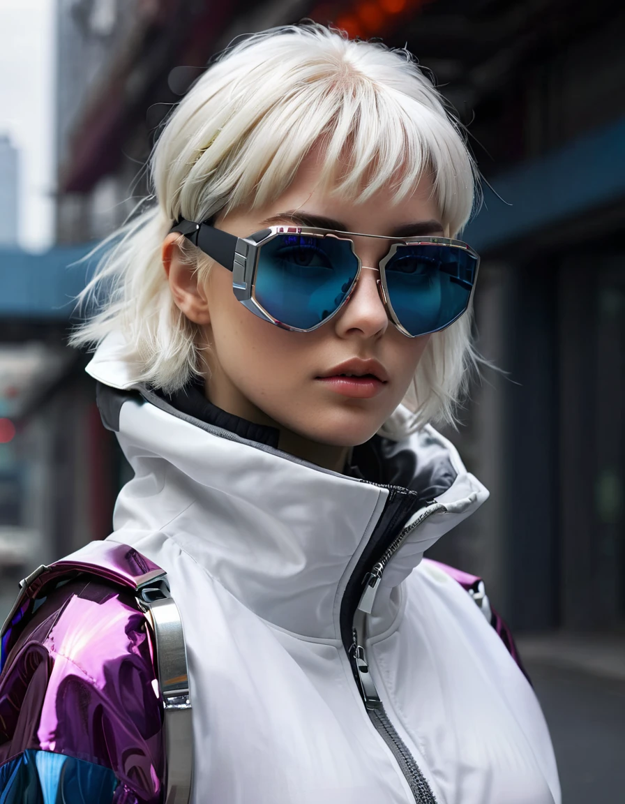 concept art 1girl, parted lips, realistic, sunglasses, glasses, blue eyes, digital media \(artwork\), white hair, zipper, short hair, portrait, nose, looking at viewer, hood, jacket, futuristic glasses, sharp focus, highly detailed, cinematic, candid, romantic, intricate, elegant, generous, pretty, attractive, beautiful, dramatic, thought, extremely
<lora:FuturisticGlassesXL:.75>, , <lora:FILM_PHOTOGRAPHY_STYLE:0.25> . digital artwork, illustrative, painterly, matte painting, highly detailed