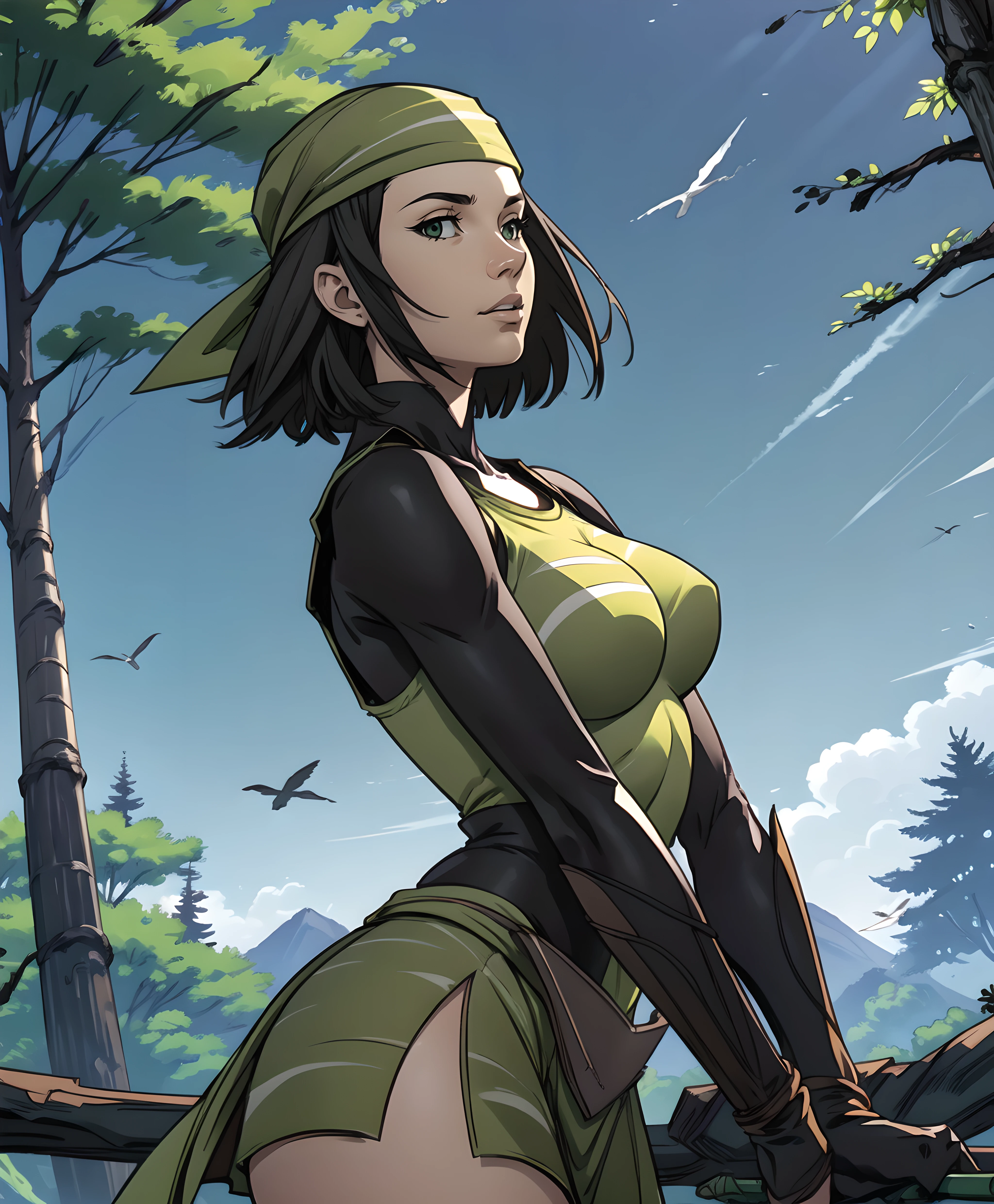 matsu, bandana, short hair, armor, bodysuit, skirt, pelvic curtain, large breasts, thick body, thick thighs, curvy,
(movie composition), amazing composition, depth of field, indirect lighting, ambient lighting, (random colors), (dynamic colors),
fantasy, woods, sky, trees, sun, day, upper body,
<lora:matsu_v01>
